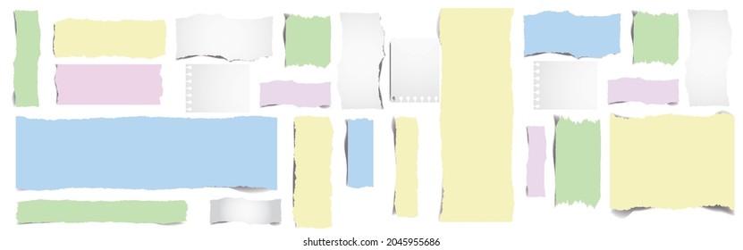 Sticky Notebook Paper. Adhesive Stickers And Blank Colored Sheets With Grid Squares And Lines. Vector Empty Ripped Pages For Write Message And Notes
