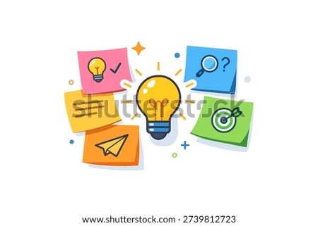 Sticky notes brainstorming ideas with overlapping notes floating around a central light bulb symbol. The visual expresses creativity,