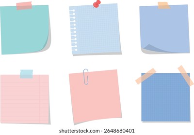 Coleção de Notas Autoadesivas com fita, pinos e clipes de papel Ilustração de vetor plana para design de memorando de escritório