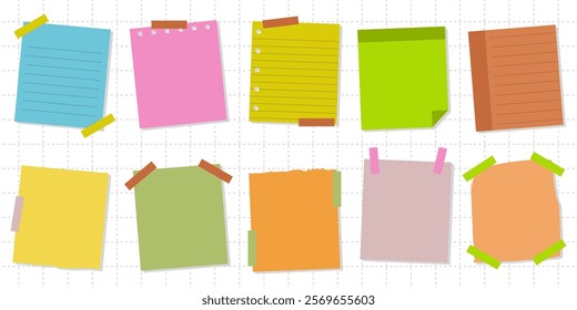 Sticky notes and colorful paper sheets. Collection of colorful paper sheets of notes stuck with sticky tape isolated on white background. Vector illustration