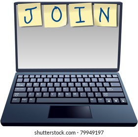 Sticky Notes Computer laptop user ad to JOIN a subscription website copyspace for text or graphic