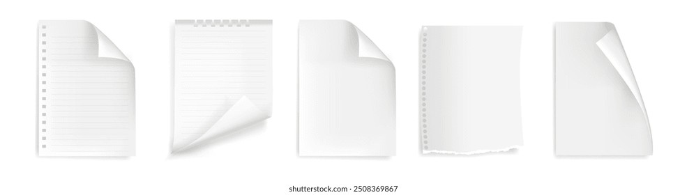 Sticky notes with curly edges. Vector isolated set of blank realistic pages with curly corners, folding or sticking. Notebook sheet for writing and drawing,sketchbook piece. Office and school supplies