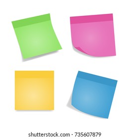 Sticky notes. Four colorful sheets of note papers isolated on white background. Different color and shadow.