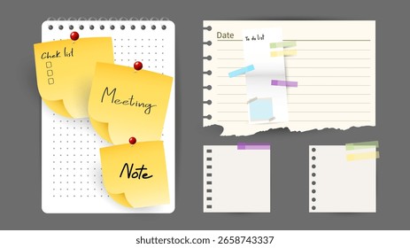 Notas adhesivas y etiquetas Colección con pin y post it, sobre fondo gris, recordatorio de reunión de papel de notas, diseño moderno plano, Vector de ilustración EPS 10 