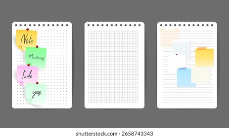 Sticky Notes and Labels Collection com pino e postá-lo, em fundo cinza, lembrete de reunião de papel de notas, design moderno plano, ilustração Vetor EPS 10 