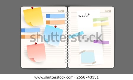 Sticky Notes and Labels Collection with pin and post it, on gray background, Notepaper meeting reminder, Flat Modern design , illustration Vector EPS 10 
