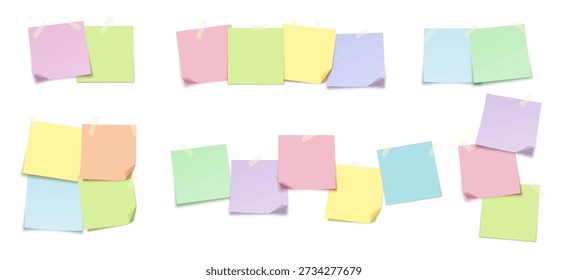 Sticky Notes Memo Paper Mockup Set. Colorful Pastel Square Sheets Taped on White Board Background for Reminder, Message, To Do List and Office Planning Design. Vector Illustration