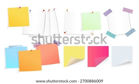 Sticky Notes and Memo Paper Set – Torn Sheets with Curled Corners and Pins, Vector Illustration