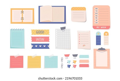 Sticky notes and notebooks flat vector illustrations set. Simple colorful designs of tools for office, diary, taking notes or studying, clips or tongs, dairy. Stationery, back to school concept