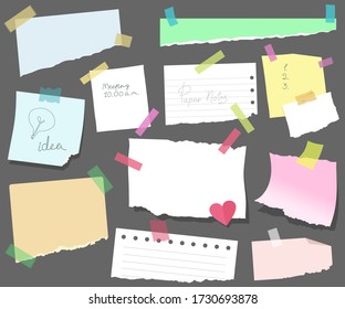 Sticky notes on paper, torn sheets with meeting reminders, a memorable date, or notes. Blank vector. blanks, office notices or home reminder.