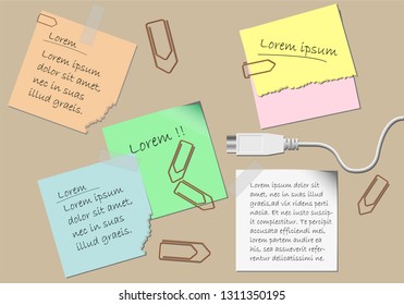 Sticky notes, paper clip and USB contact, vector Illustration.