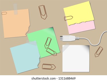 Sticky notes, paper clips and a USB contact, vector illustration