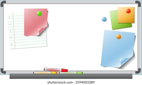 Sticky notes and paper on a whiteboard