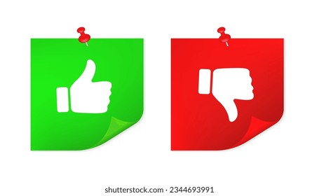 Sticky notes paper with push pin. A sheet of green and red paper with thumbs up and down. Front view. Sticker with a pin. Thumb up and down gestures - like and unlike. Vector illustration