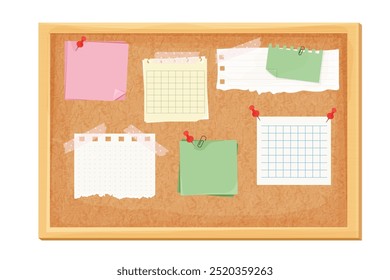 Sticky notes, paper reminder on corkboard with pin, tape. Memo notes, idea or lists sheets. Organizer, wood frame.