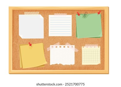 Sticky notes, paper reminder on corkboard with pin, tape. Postit, memo notes, idea or lists sheets. Organizer, wood frame.