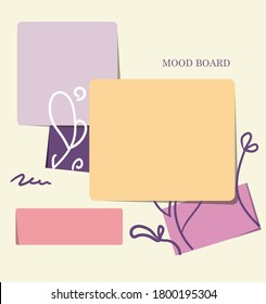 Sticky notes pastel violet and orange color mood board template. Decorative vector collage composition for art and crafts presentation, goal setting and photo frame with floral decor
