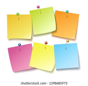 Sticky notes with pins. Wall post pin note set vector illustration, colorful blank paper stickers pushing on white background