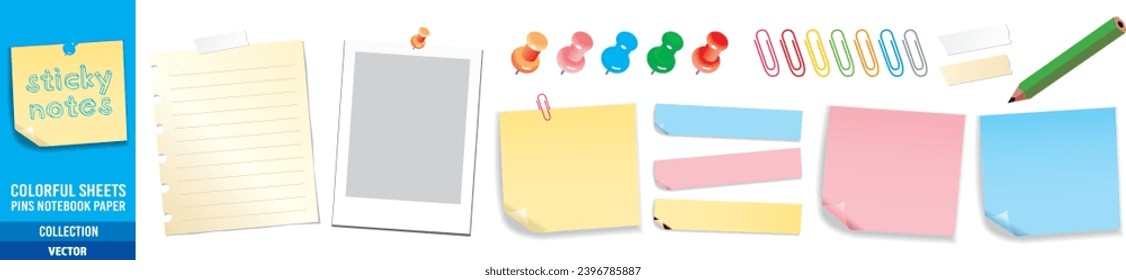 Sticky notes, Push pin, Vintage memo, Paper reminder. Colored paper sheets, collection vector illustration.