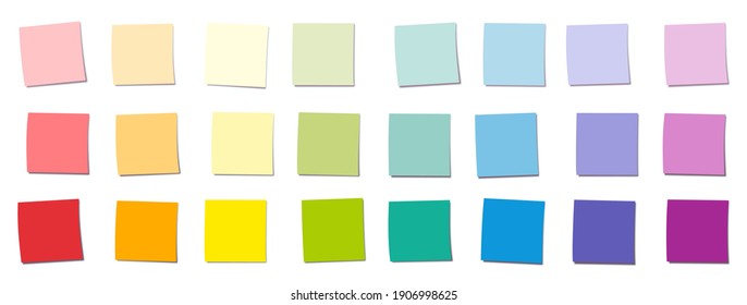 Sticky notes, rainbow gradient colored square notepads, different colors and saturations. Isolated vector illustration on white background.
