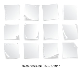 Sticky notes set. Blank note paper sheets. Information reminder. Notepads and memo messages, paper sheets. Vector illustration