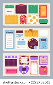 Juego de notas pegajosas. Colección de lugares para notas. Organización del proceso de trabajo y educación. Para hacer lista, planificación y planificación. Ilustraciones de caricaturas de vectores planos aisladas en fondo blanco