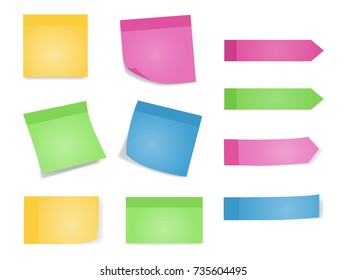 Sticky notes. Set of color sheets of note papers. Vector illustration of paper lists with different color and shadow. White background.