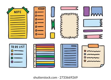 Sticky notes set, colorful memo papers for planner, hand drawn. Vector illustration.
