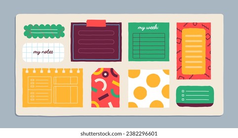 Sticky notes set. My notes and week. Goal setting and planning. Time management and efficient workflow. Motivation and leadership. Cartoon flat vector collection isolated on beige background