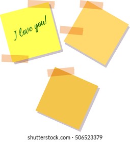Sticky Notes. Set of yellow sticky notes isolated on white background. Vector illustration,Text I Love you