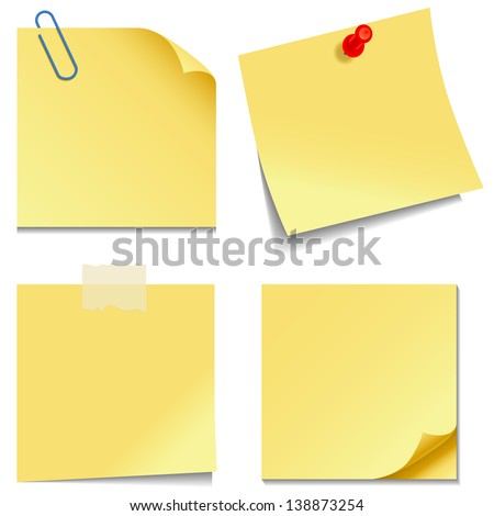 Sticky Notes - Set of yellow sticky notes isolated on white background.  Vector illustration, Eps10.