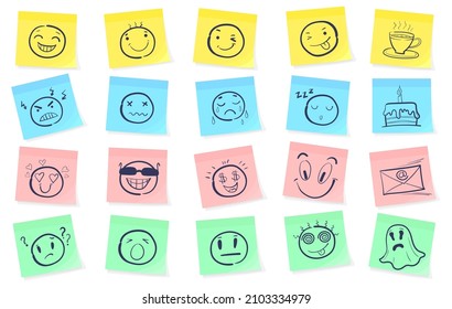 Sticky notes with smile. Emotion cards, sad or face on weekly paper note, happy for week calendar, good news post, drawn emoticons sticker, vector illustration. Note with smile cartoon, page message
