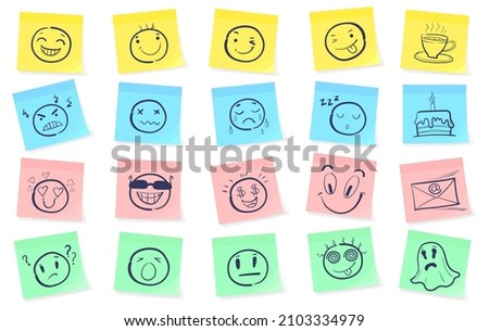 Sticky notes with smile. Emotion cards, sad or face on weekly paper note, happy for week calendar, good news post, drawn emoticons sticker, vector illustration. Note with smile cartoon, page message