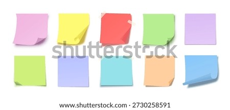 Sticky Notes Templates in Bright Pastel Colors with Folded Corners and Tape. Clean Paper Memo Cards for Work Organization, Study Use, Ideas Reminder. Realistic Sticky Notes Pack. Vector Illustration