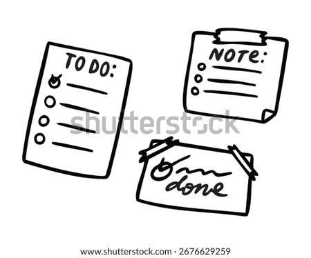Sticky notes to-do list line art outline, monochrome hand drawn. Vector illustration.