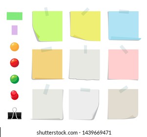 Sticky notes vector collection. Sticky paper sheets, color pins and tapes. Illustration of pin and colored blank paper for message office