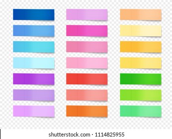 Sticky notes vector illustration of paper memo of different colors. Isolated realistic horizontal stickers of office reminders or bookmarks with shadows on transparent background