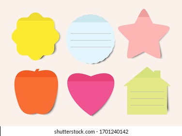 Sticky notes vector illustrations set. Notepad blank paper sheet for planning and scheduling. Round, heart, apple and house shapes color empty reminders isolated cliparts pack. Memo notes collection