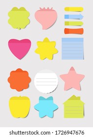 Sticky notes. Vector illustrations set. Notepad blank paper sheet for planning and scheduling. Round, heart, square shapes color empty reminders. Memo notes collection.