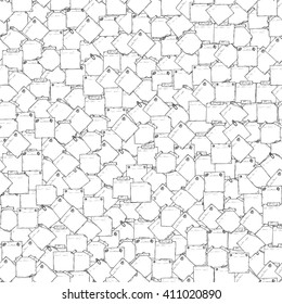 Sticky notes Vector Seamless pattern. Hand drawn doodle paper sheets for messages. Memos blank. Stickers. Black and white background.