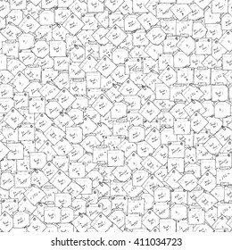 Sticky notes Vector Seamless pattern. Sticky notes with wishes. Hand drawn doodle paper sheets with messages. Memo blanks. Black and white background