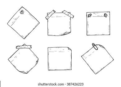 Sticky notes Vector set. Hand drawn doodle paper sheets for messages. Collection of memos blank