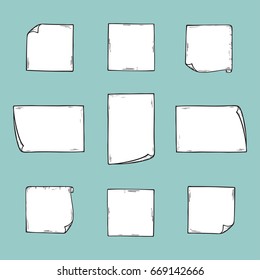 Sticky Notes Vector Set. Hand Drawn Doodle Note Paper For Message. Collection Of Memos Blank