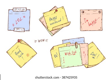 Sticky notes Vector set. Sticky notes with wishes. Hand drawn doodle paper sheets with messages. Colored stickers