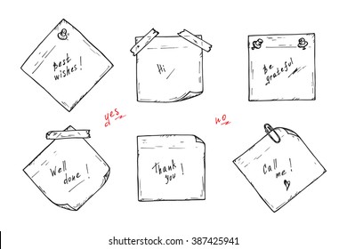 Sticky notes Vector set. Sticky notes with wishes. Hand drawn doodle paper sheets with messages.