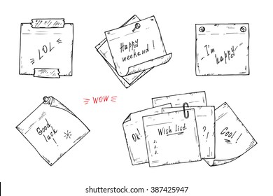 Sticky notes Vector set. Sticky notes with wishes. Hand drawn doodle paper sheets with messages.