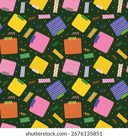 Notas adesivas e fitas Washi no design de padrão contínuo verde