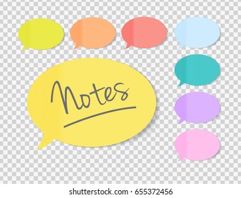 Sticky Office Paper Sheets Notes, Speech Bubble Sign Pack Collection Set with Shadow Isolated on Transparent Background Vector Illustration. EPS10