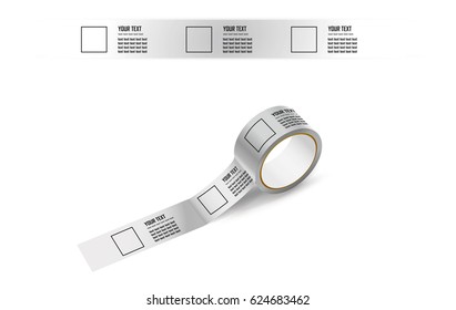 Sticky Packing Narrow Tape With Printed Logo And Text. Office Tool And Stuff. Vector Illustration Of White Adhesive Tape Roll For Work And Repair. Scotch 