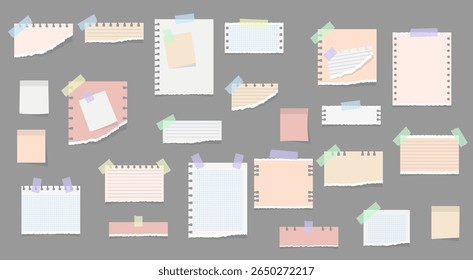 Conjunto de página pegajosa com pino de tachinha nota tag bloco de notas quadro adesivo placa cartão de papel desenho ilustração lembrete fita adesiva clipe de papel escola livro carta vetor clipe em branco boletim design

